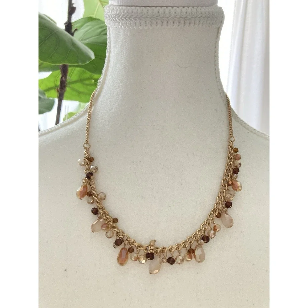 Gold Tone Chain Necklace Faceted Glass Bead Dangle Bib Necklace Peach Romantic